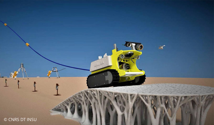 Image de synthèse du rover BathyBot grimpant sur la rampe ajourée BathyReef.